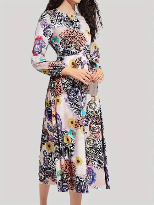 Elegant Leopard Print Belted Maxi Dress, Long Sleeve & Crew Neck Dress